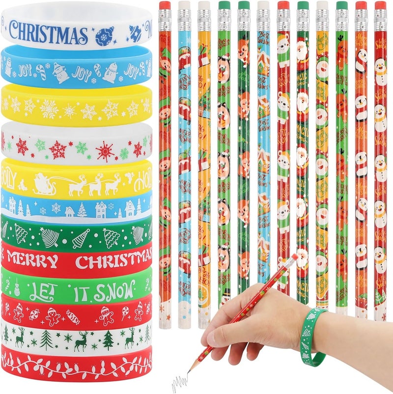 LOAVER 48 Pack Christmas Pencils Set,24 Pcs Christmas Pencils and 24 Pcs Silicone Bracelets Holiday Wristbands for Christmas Party Classroom Gifts Rewards Office Supplies Stocking Stuffers - Image 1